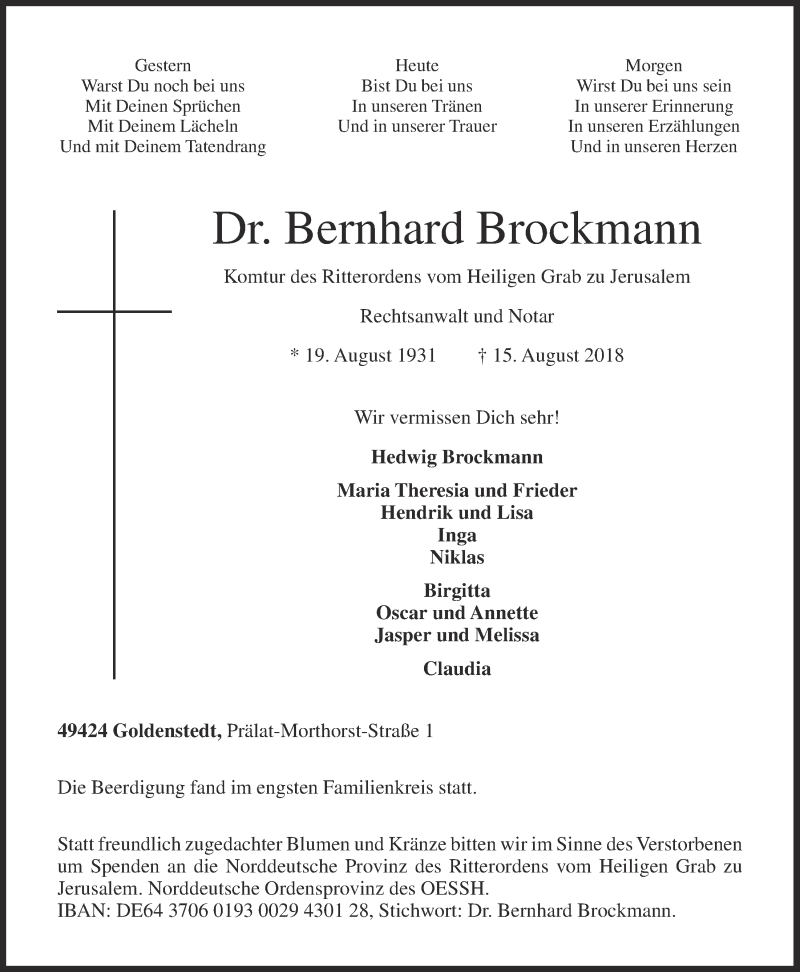  Traueranzeige für Bernhard Brockmann vom 23.08.2018 aus OM-Medien