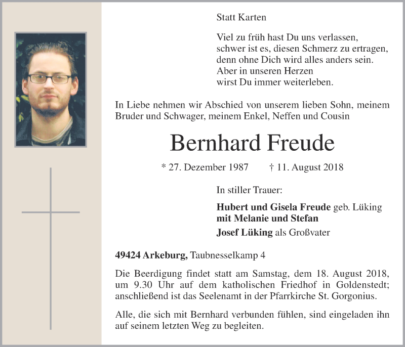  Traueranzeige für Bernhard Freude vom 16.08.2018 aus OM-Medien