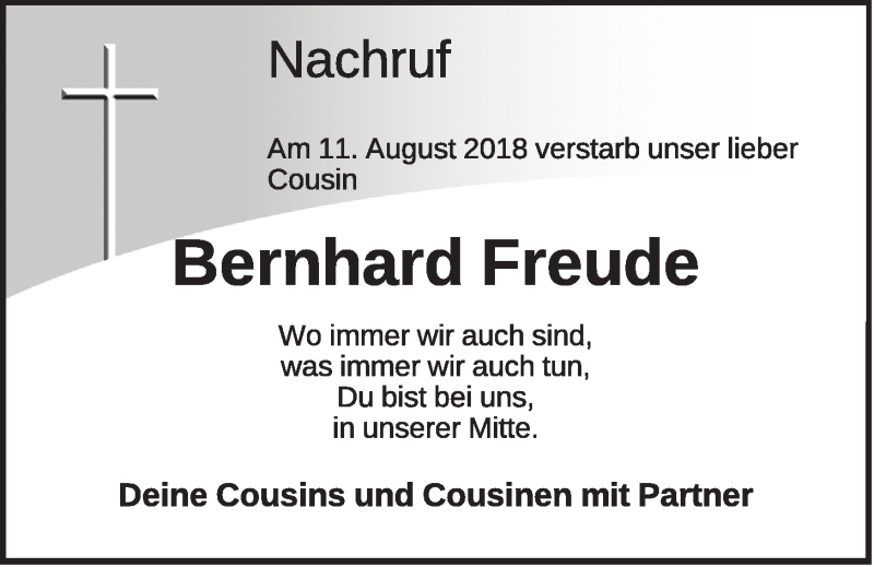  Traueranzeige für Bernhard Freude vom 18.08.2018 aus OM-Medien