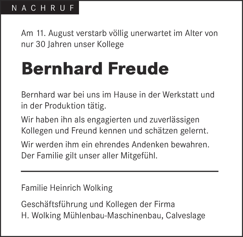  Traueranzeige für Bernhard Freude vom 17.08.2018 aus OM-Medien