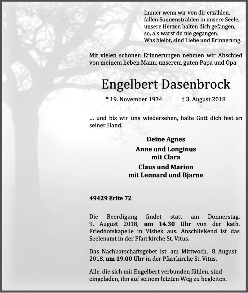  Traueranzeige für Engelbert Dasenbrock vom 06.08.2018 aus OM-Medien