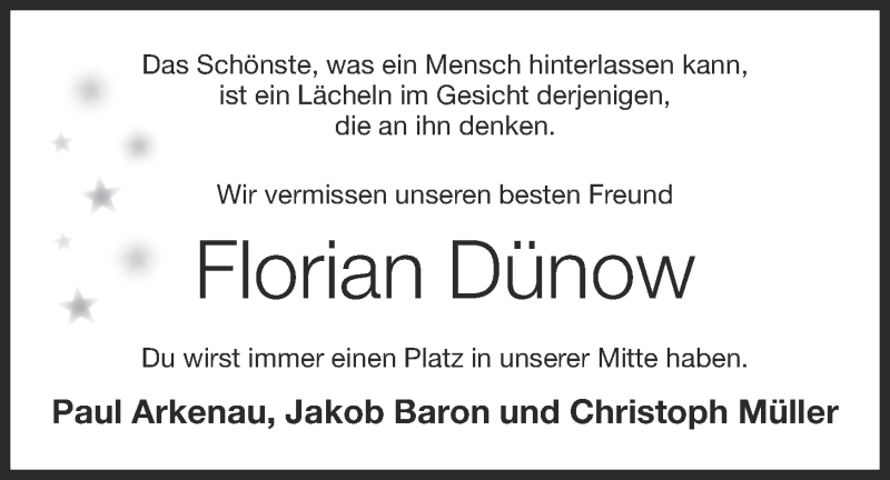  Traueranzeige für Florian Dünow vom 30.08.2018 aus OM-Medien