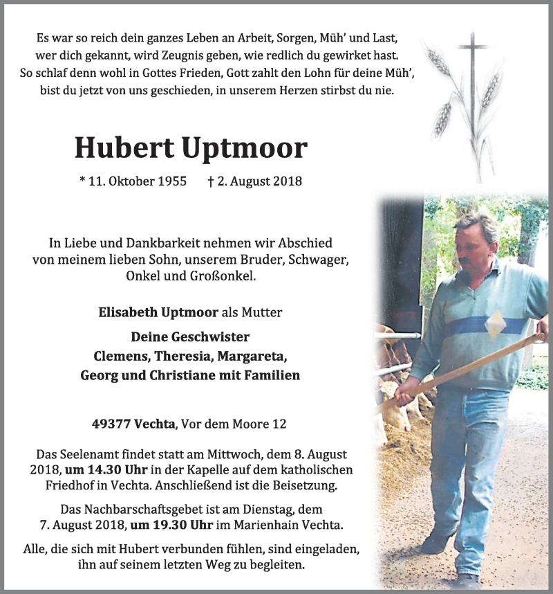  Traueranzeige für Hubert Uptmoor vom 06.08.2018 aus OM-Medien