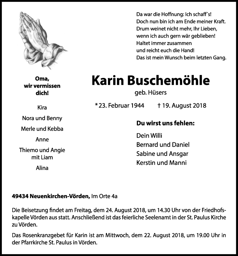  Traueranzeige für Karin Buschemöhle vom 21.08.2018 aus OM-Medien