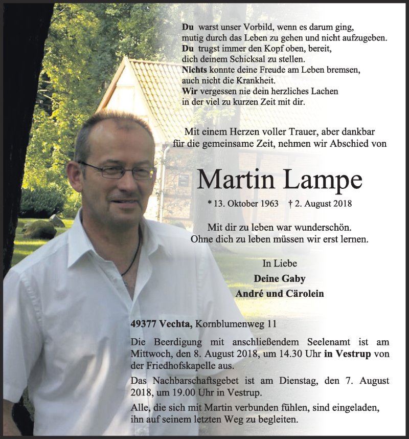  Traueranzeige für Martin Lampe vom 06.08.2018 aus OM-Medien