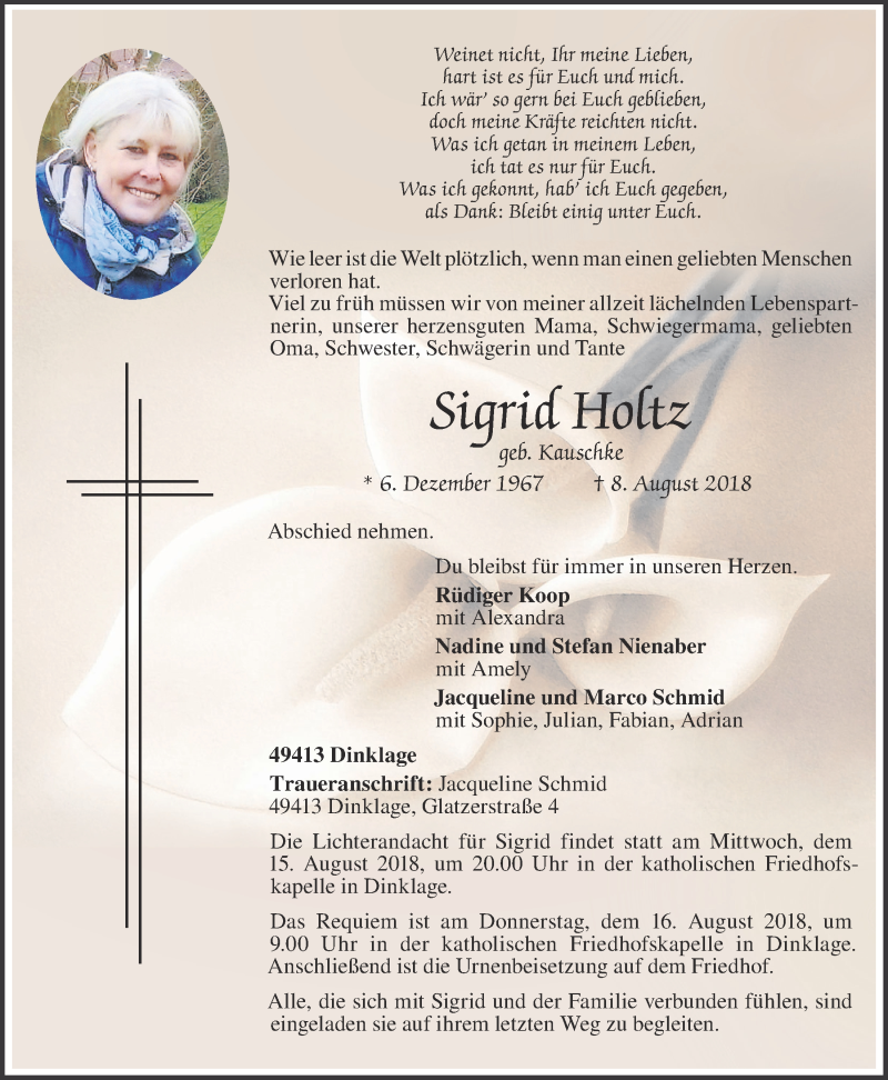  Traueranzeige für Sigrid Holtz vom 11.08.2018 aus OM-Medien