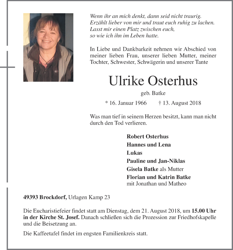  Traueranzeige für Ulrike Osterhus vom 16.08.2018 aus OM-Medien