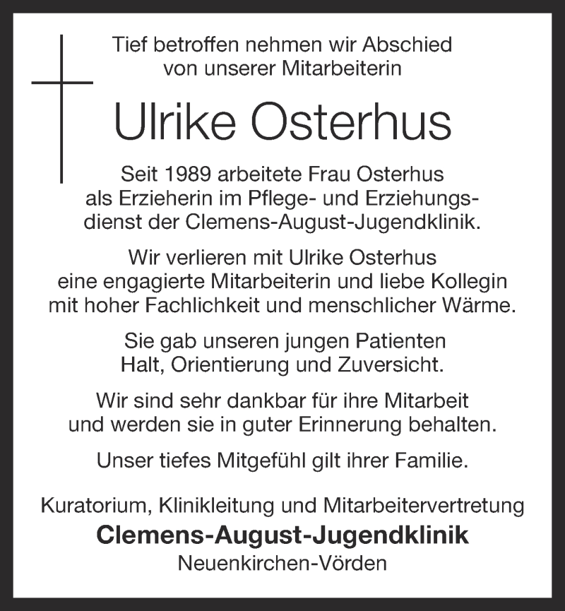  Traueranzeige für Ulrike Osterhus vom 17.08.2018 aus OM-Medien