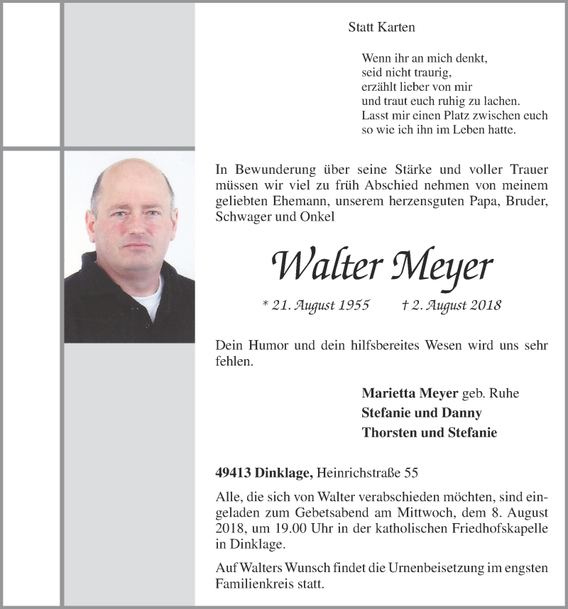  Traueranzeige für Walter Meyer vom 04.08.2018 aus OM-Medien