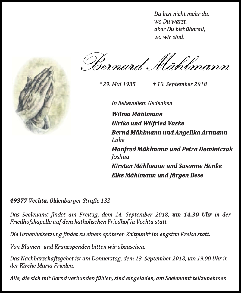  Traueranzeige für Bernard Mählmann vom 12.09.2018 aus OM-Medien