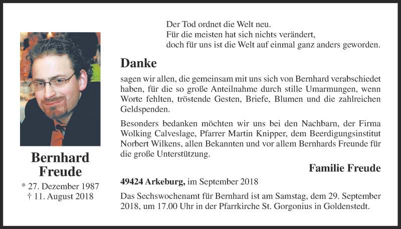 Traueranzeige für Bernhard Freude vom 22.09.2018 aus OM-Medien