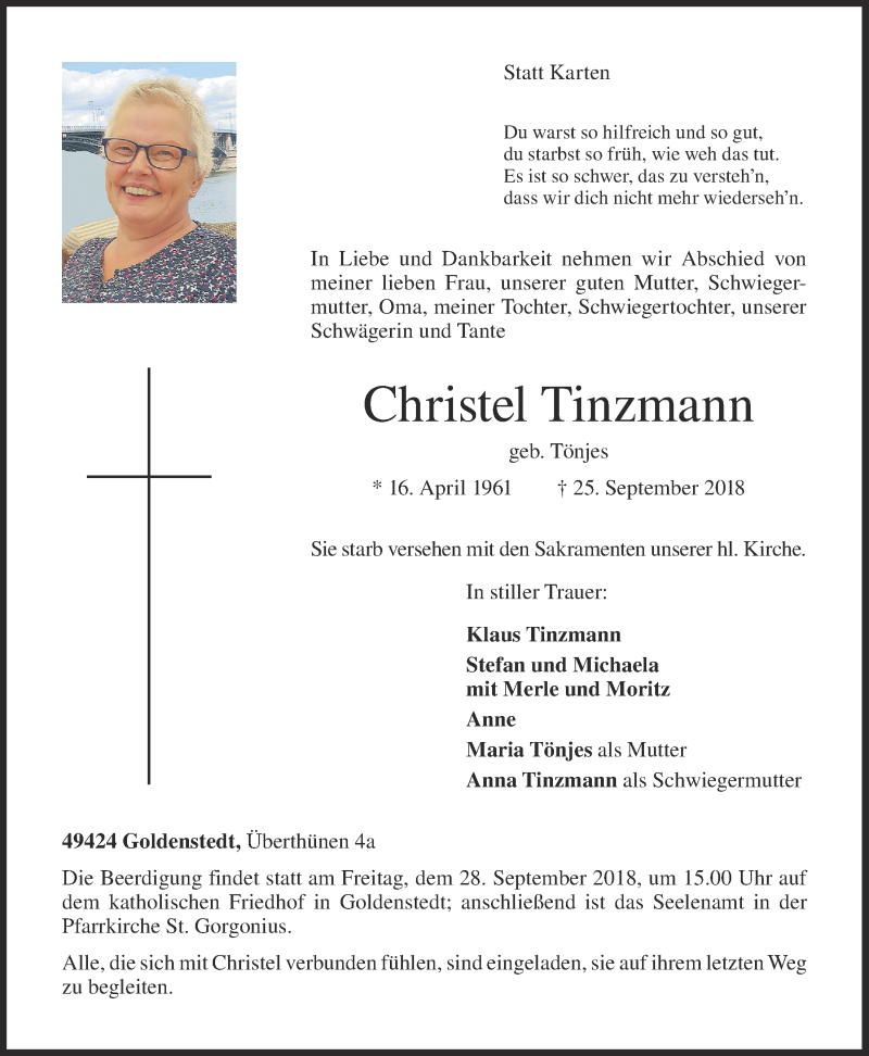  Traueranzeige für Christel Tinzmann vom 26.09.2018 aus OM-Medien