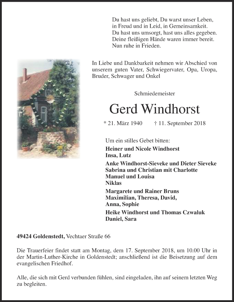  Traueranzeige für Gerd Windhorst vom 13.09.2018 aus OM-Medien