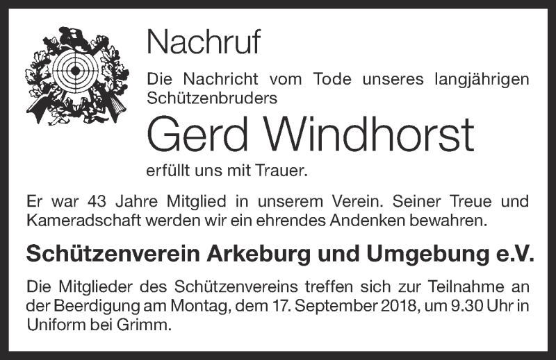  Traueranzeige für Gerd Windhorst vom 15.09.2018 aus OM-Medien