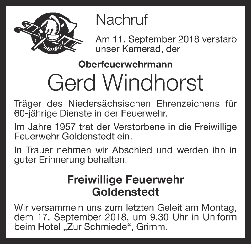  Traueranzeige für Gerd Windhorst vom 15.09.2018 aus OM-Medien