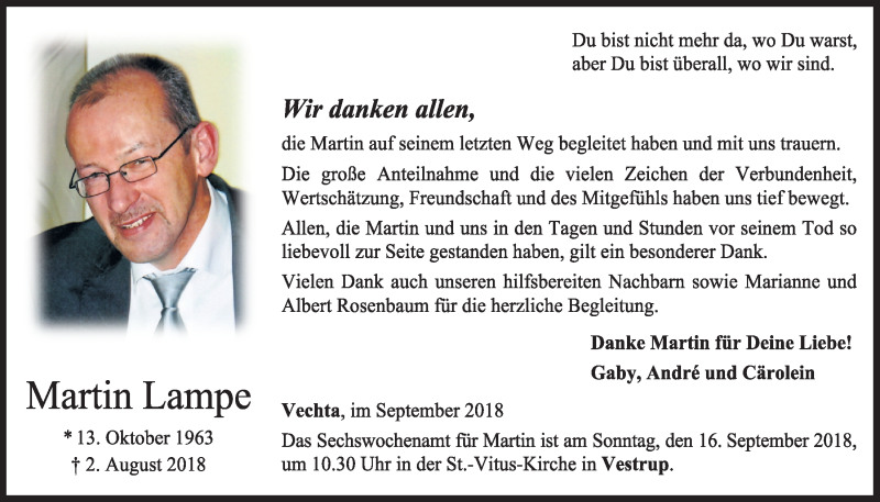  Traueranzeige für Martin Lampe vom 13.09.2018 aus OM-Medien