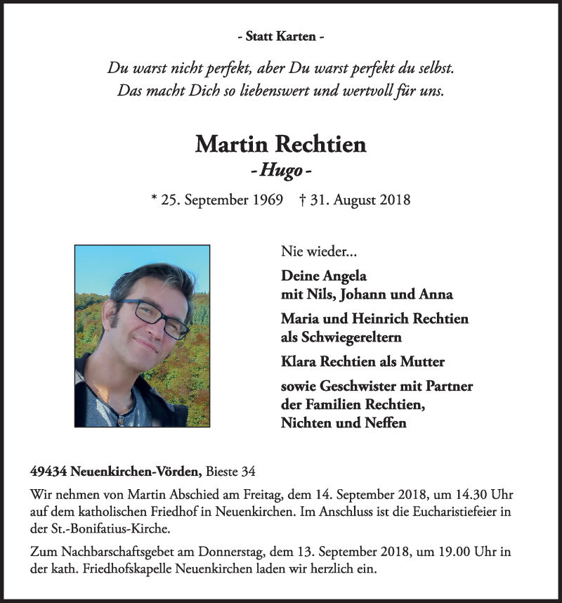  Traueranzeige für Martin Rechtien vom 12.09.2018 aus OM-Medien