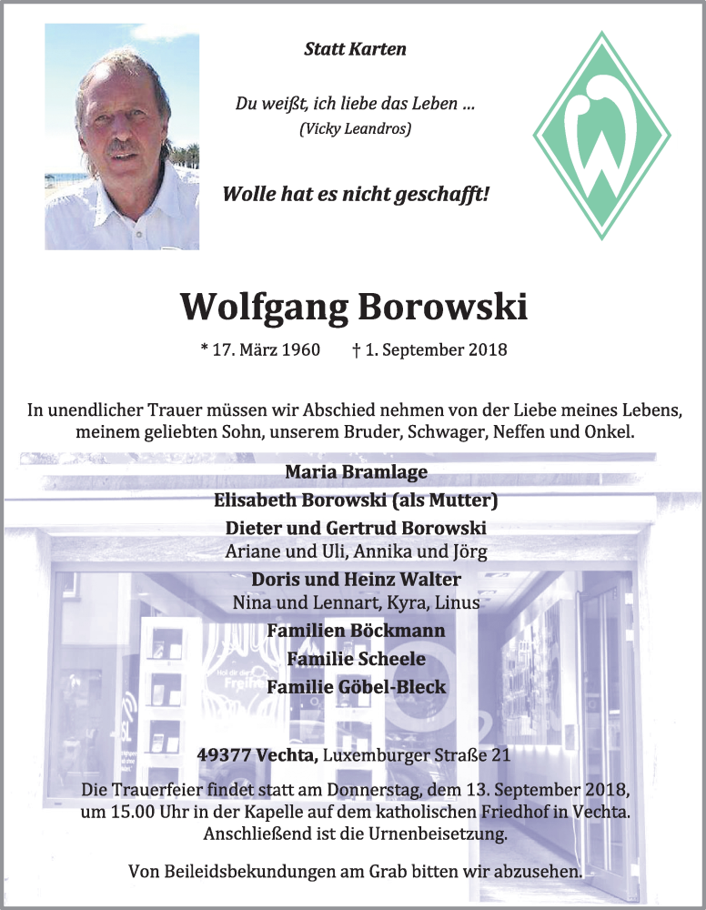  Traueranzeige für Wolfgang Borowski vom 06.09.2018 aus OM-Medien