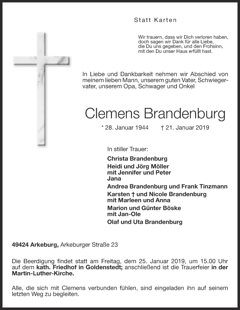  Traueranzeige für Clemens Brandenburg vom 23.01.2019 aus OM-Medien
