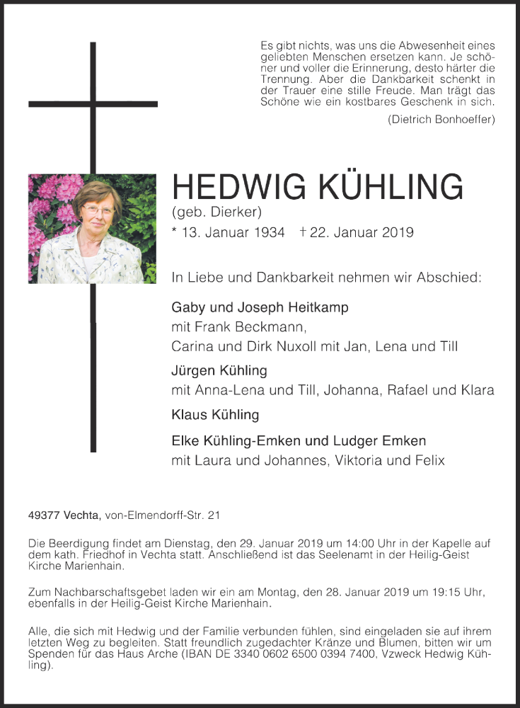  Traueranzeige für Hedwig Kühling vom 24.01.2019 aus OM-Medien