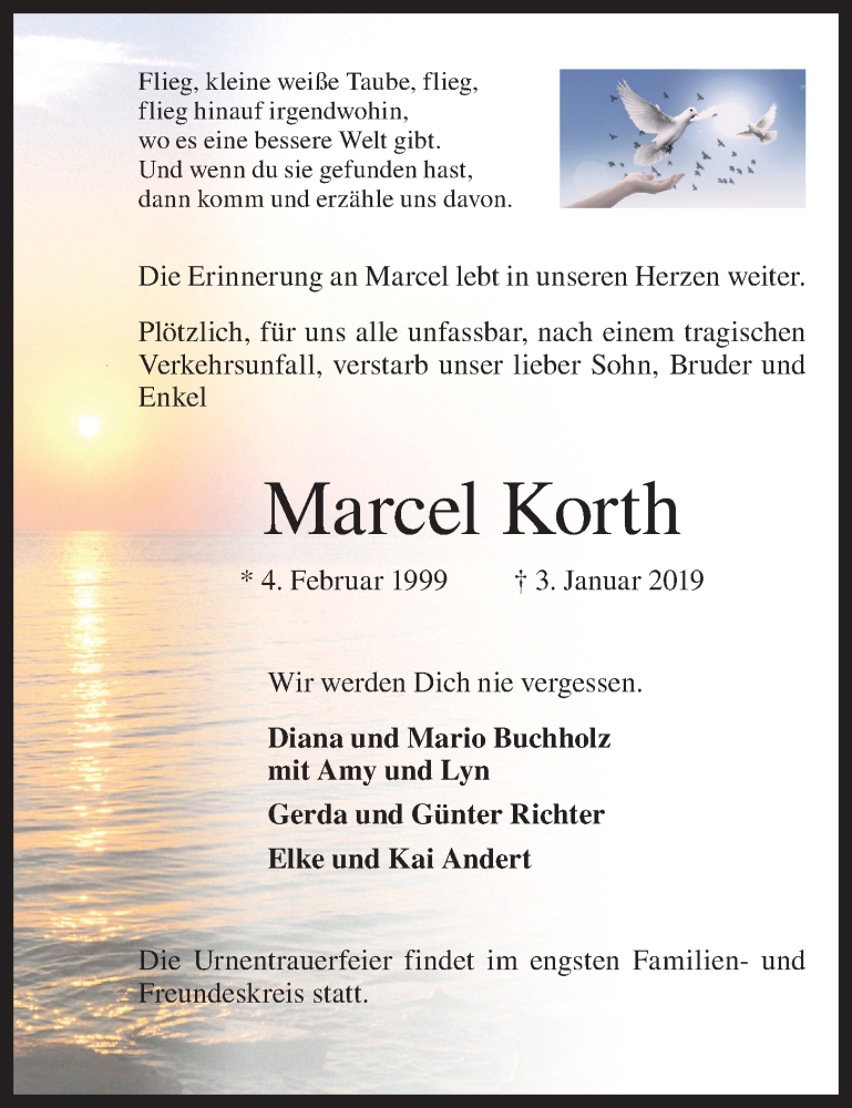  Traueranzeige für Marcel Korth vom 08.01.2019 aus OM-Medien