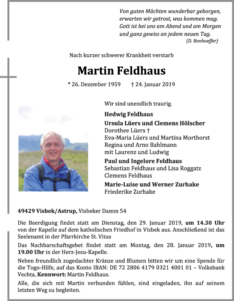  Traueranzeige für Martin Feldhaus vom 26.01.2019 aus OM-Medien
