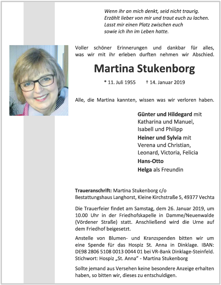  Traueranzeige für Martina Stukenborg vom 19.01.2019 aus OM-Medien