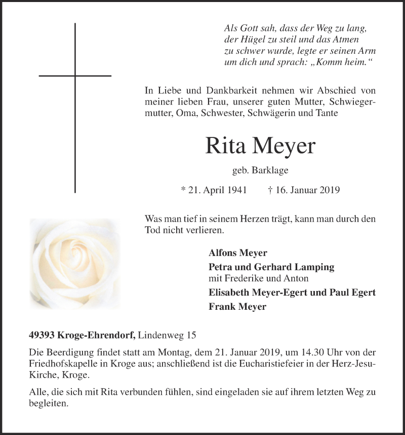  Traueranzeige für Rita Meyer vom 18.01.2019 aus OM-Medien