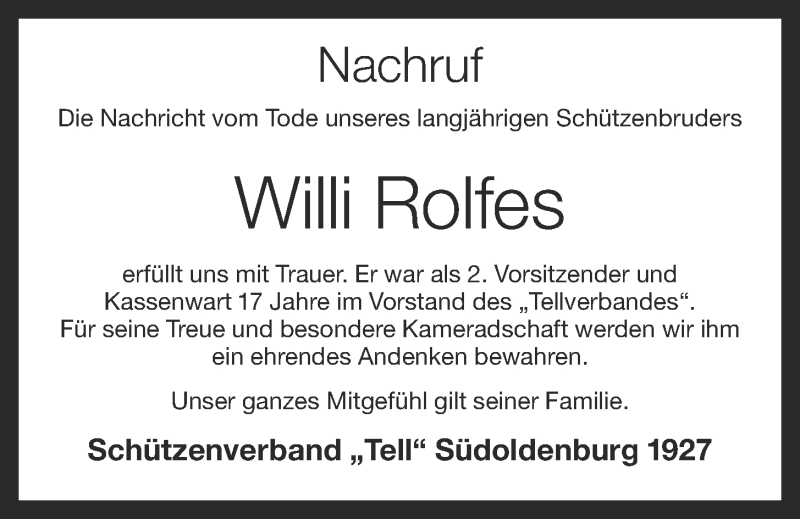  Traueranzeige für Willi Rolfes vom 22.01.2019 aus OM-Medien