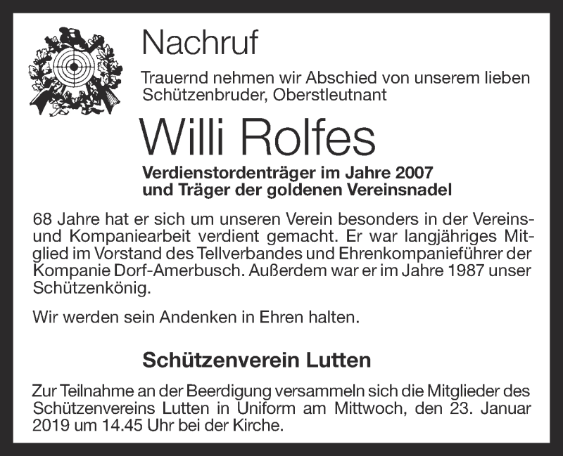  Traueranzeige für Willi Rolfes vom 21.01.2019 aus OM-Medien