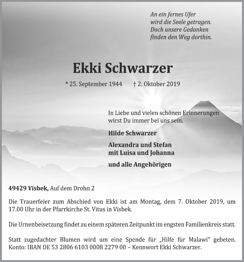  Traueranzeige für Ekki Schwarzer vom 04.10.2019 aus OM-Medien