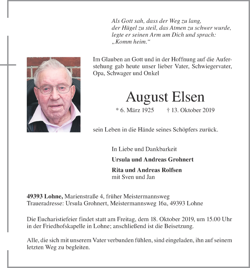  Traueranzeige für August Elsen vom 16.10.2019 aus OM-Medien