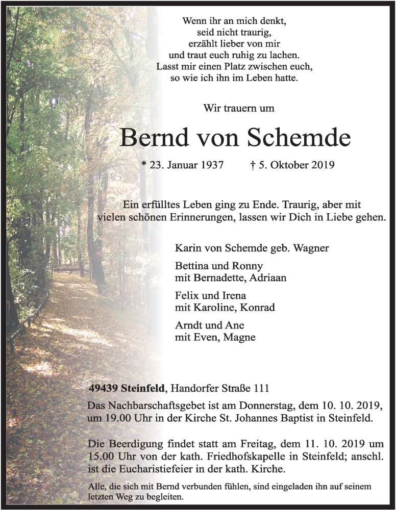  Traueranzeige für Bernd von Schemde vom 08.10.2019 aus OM-Medien