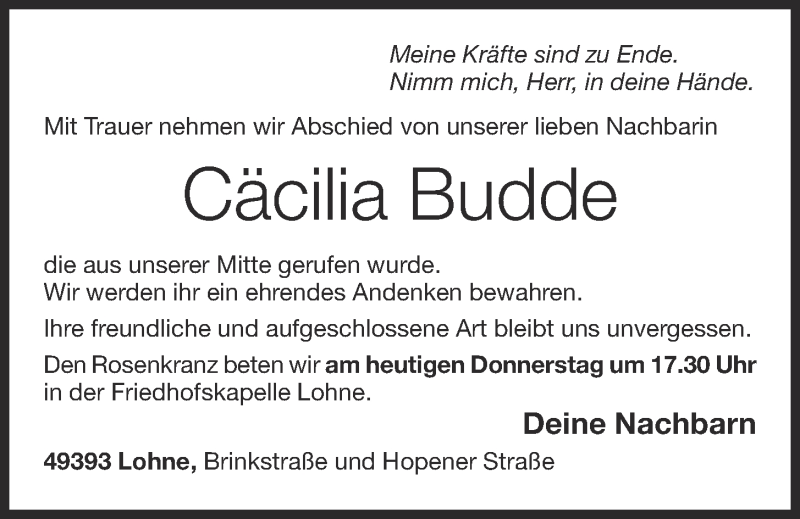  Traueranzeige für Cäcilia Budde vom 10.10.2019 aus OM-Medien