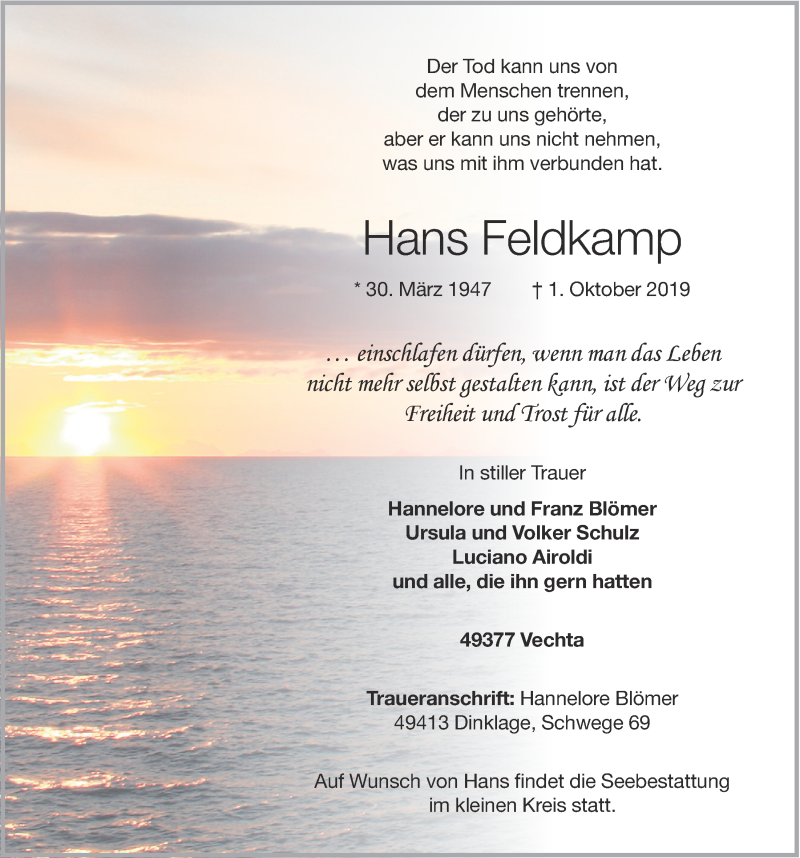  Traueranzeige für Hans Feldkamp vom 10.10.2019 aus OM-Medien