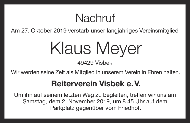  Traueranzeige für Klaus Meyer vom 30.10.2019 aus OM-Medien