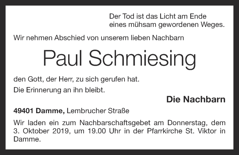  Traueranzeige für Paul Schmiesing vom 01.10.2019 aus OM-Medien