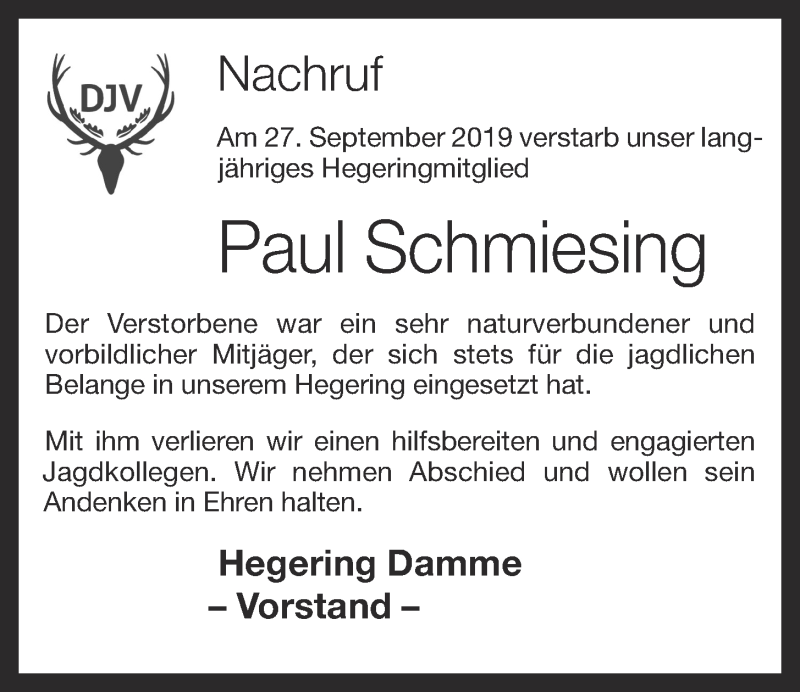  Traueranzeige für Paul Schmiesing vom 01.10.2019 aus OM-Medien
