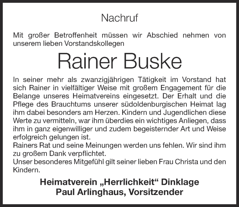  Traueranzeige für Rainer Buske vom 08.10.2019 aus OM-Medien