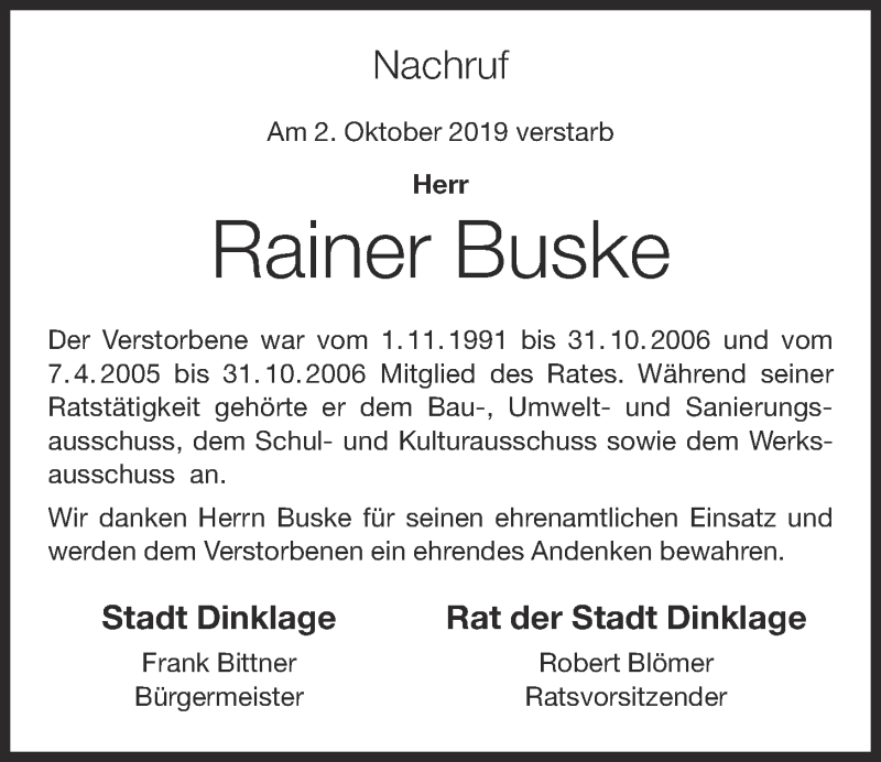 Traueranzeige für Rainer Buske vom 07.10.2019 aus OM-Medien