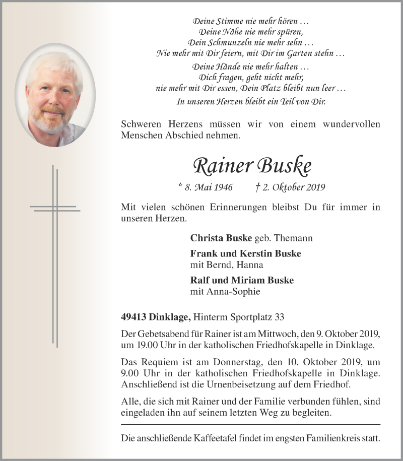  Traueranzeige für Rainer Buske vom 04.10.2019 aus OM-Medien