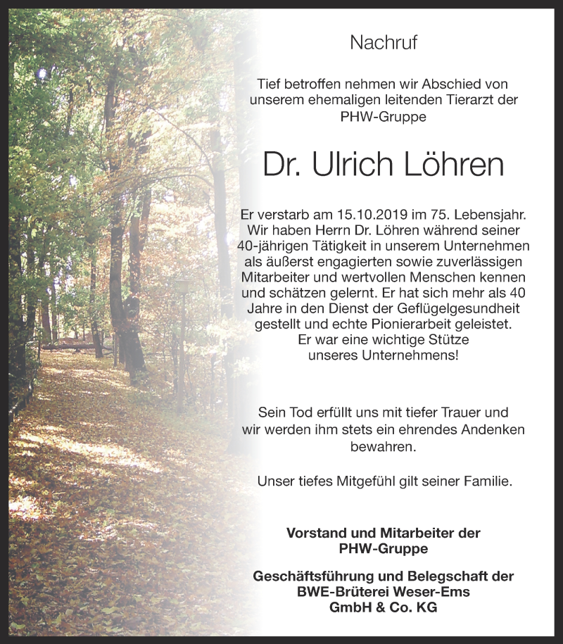  Traueranzeige für Ulrich Löhren vom 18.10.2019 aus OM-Medien