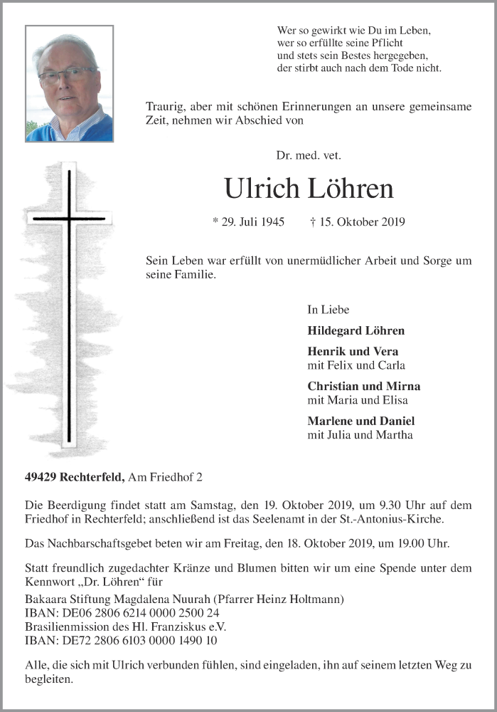  Traueranzeige für Ulrich Löhren vom 17.10.2019 aus OM-Medien