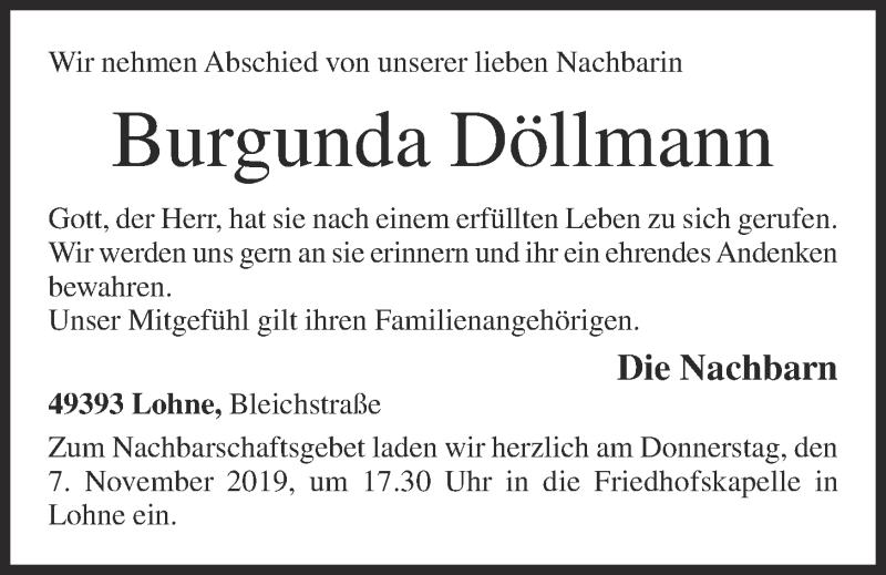  Traueranzeige für Burgunda Döllmann vom 06.11.2019 aus OM-Medien