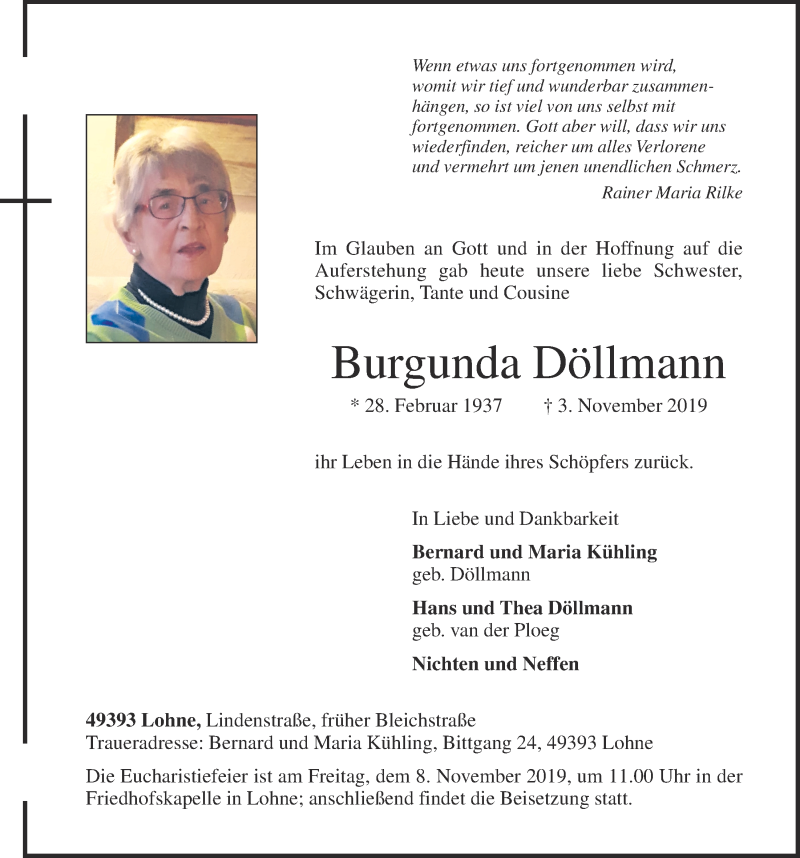  Traueranzeige für Burgunda Döllmann vom 05.11.2019 aus OM-Medien