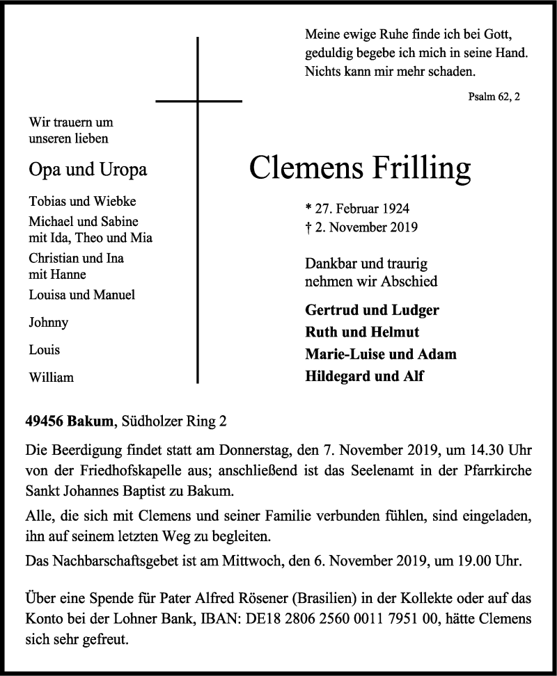  Traueranzeige für Clemens Frilling vom 04.11.2019 aus OM-Medien