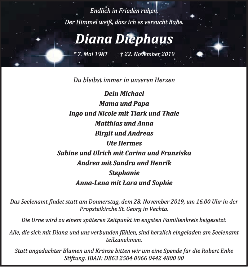  Traueranzeige für Diana Diephaus vom 27.11.2019 aus OM-Medien