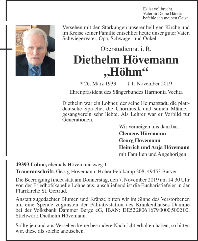  Traueranzeige für Diethelm Hövemann vom 04.11.2019 aus OM-Medien