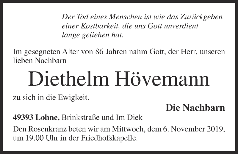  Traueranzeige für Diethelm Hövemann vom 05.11.2019 aus OM-Medien