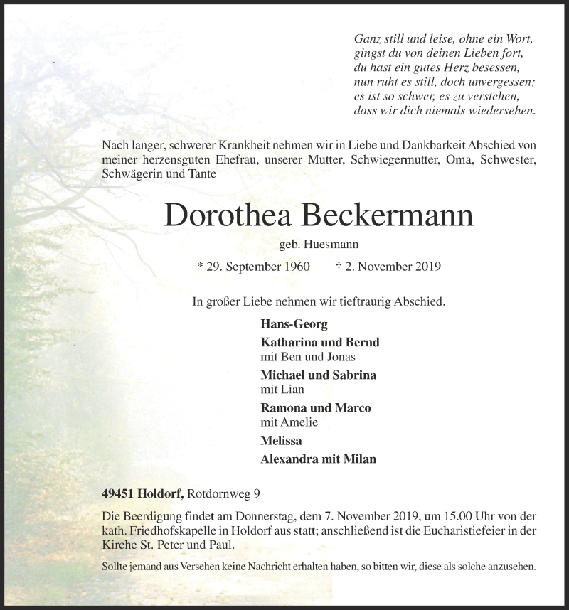  Traueranzeige für Dorothea Beckermann vom 05.11.2019 aus OM-Medien